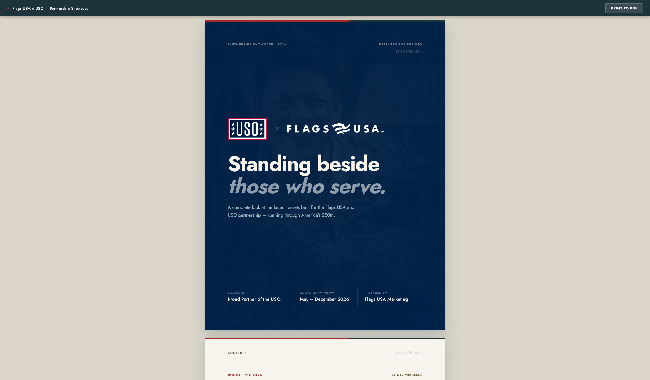 Preview of the Flags USA x USO campaign showcase site